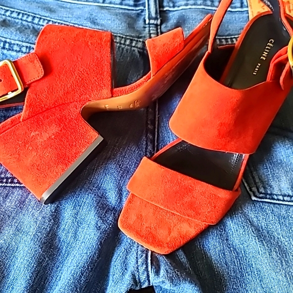 CELINE RED SUEDE BLOCK HEEL STRAPPY SANDALS 37.5 - Picture 5 of 9